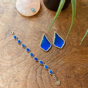 Kendra Scott Alex Gold Drop Earrings and Jana bracelet cobalt blue and gold set